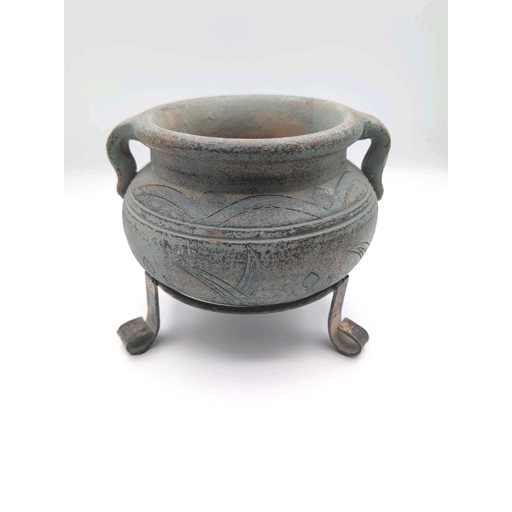 Vintage Hand-Carved Clay Pot Vessel w/ Dual Handles‎ Tribal Geometric Design